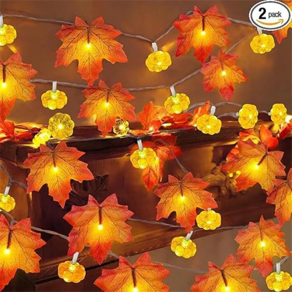 2 Pack & Timer - Fall Garland with Pumpkin Lights Halloween Fall Decor for Home